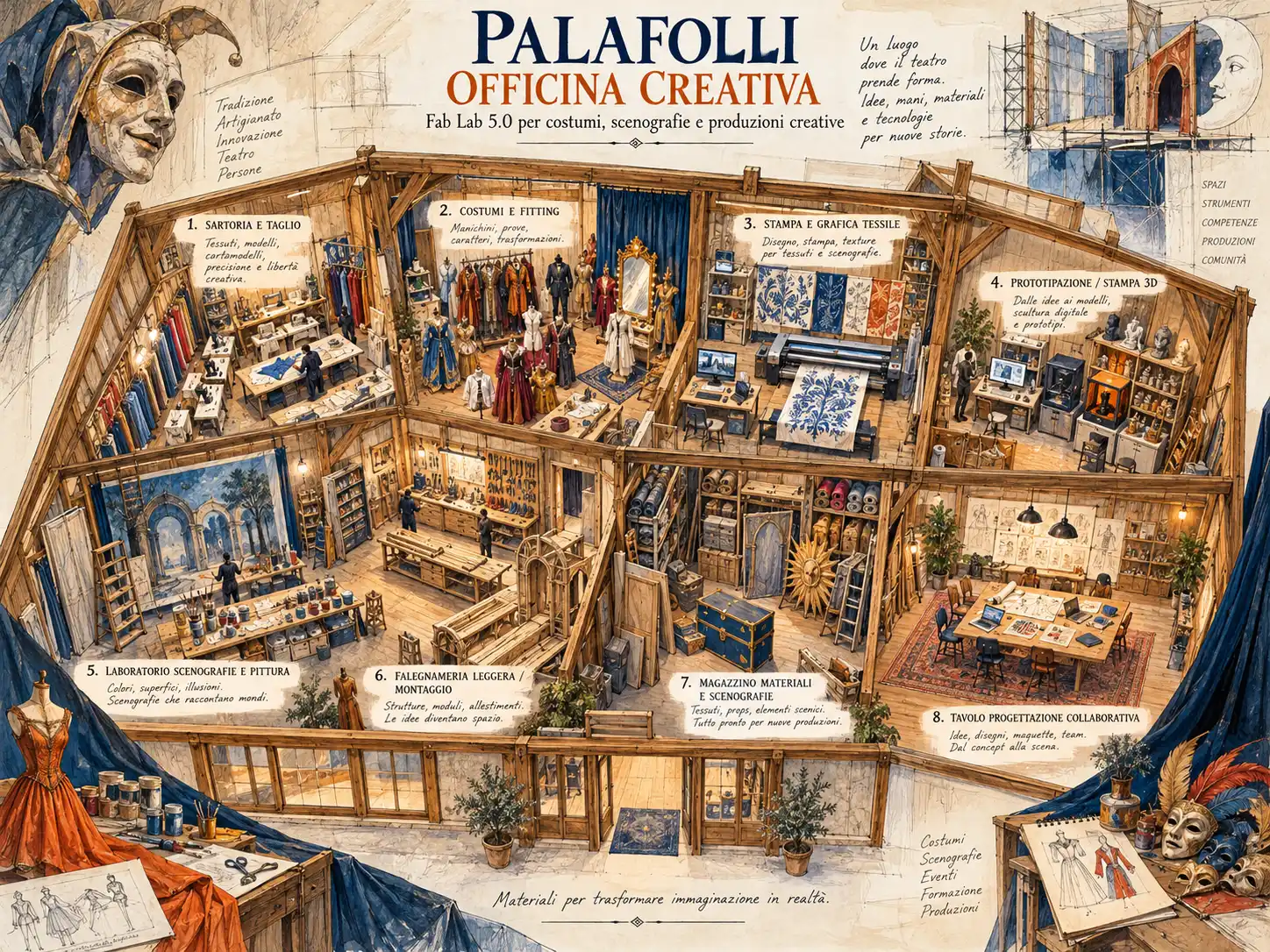 Bozzetto progettuale dell'officina creativa POC 5.0 in uno spazio rivestito in legno